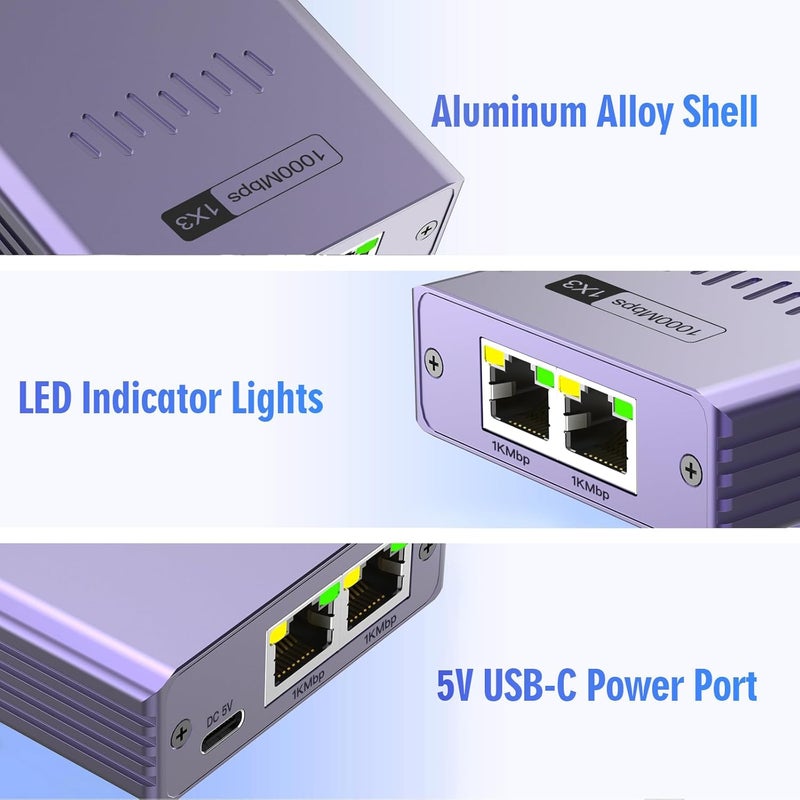Denlane موزع إيثرنت 1 إلى 3، 1000 ميجابت في الثانية، هيكل من سبائك الألمنيوم، منفذ RJ45، يدعم Cat5/5e/6/7/8، متوافق مع الكمبيوتر المكتبي/اللاب توب/الطابعة - Image 5